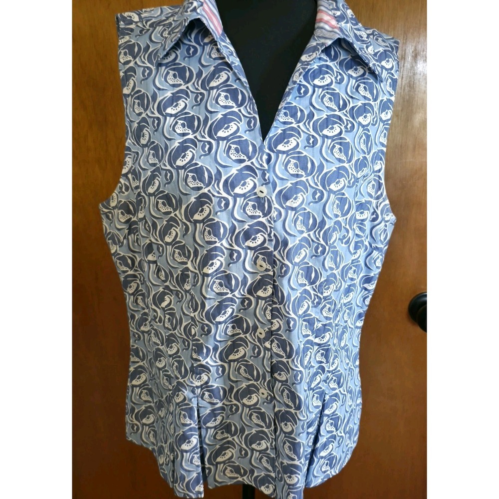 Tommy Hilfiger Women Size 16 Top Blue Abstract Flower Print Sleeveless Collared